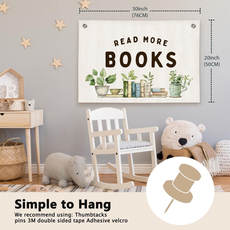 ETVISO Read More Books Botanical Reading Room Decor - Linen Banner Wall Hanging Canvas Banner Flag Decor for Kids Nursery Toddler Reading Corner Nook Classroom Library - Image 2